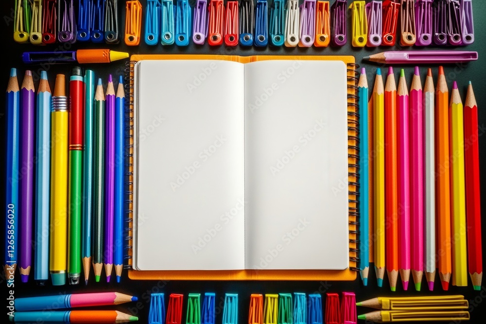 Poster bright and colorful stationery supplies are symmetrically arranged around an opened blank notebook, 