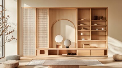 Minimalist interior with light wooden built in shelves and seating