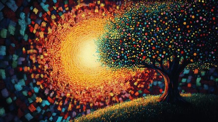 Energetic pointillism-style painting of a mystical tree growing within a radiant sunburst, surrounded by waves of glowing dots.