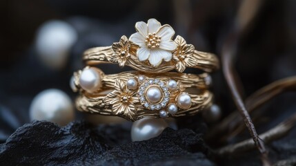 Fototapeta premium Ethereal botanical beauty with rich golden highlights, ivory floral engravings, and floating pearl accents.