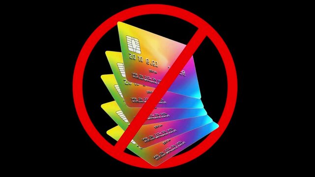 No credit card, ban credit card icon animation on black background.