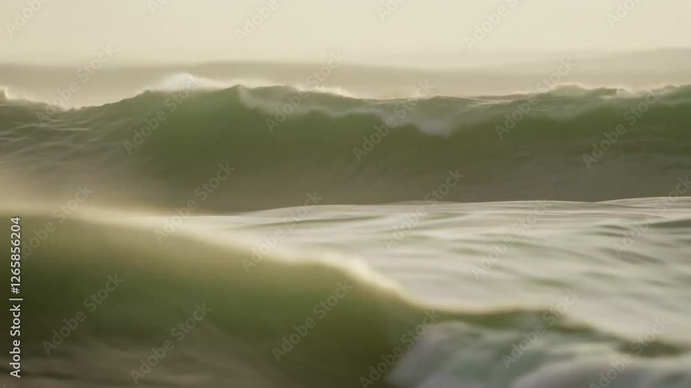 Poster camera panning across an endless wave field with atmospheric perspective, fading into the distance, 