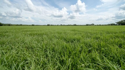 Obraz premium Wide shot of a grassy field under a partly cloudy sky. Possible use Nature photography