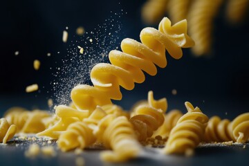 Naklejka premium Spiral pasta twirls in the air, coated in flour.