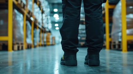 Fototapeta premium A person stands in a warehouse aisle, surrounded by stacked pallets, wearing dark pants and shoes, suggesting a working environment.