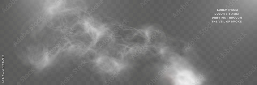 Poster realistic white smoke or mist effect with soft, swirling patterns on a transparent background. perfe
