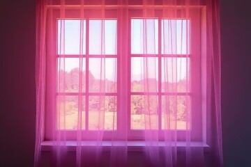 Pink Sheer Curtains at a Window with a View of Trees and Fields