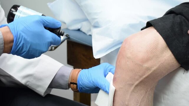 Medical Doctor Preparing and Injecting Platelet Rich Plasma PRP into Patient's Knee