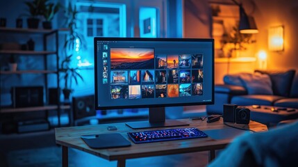Fototapeta premium A modern home office with a glowing monitor displaying vibrant images, creating a warm and inviting atmosphere for creativity and productivity.
