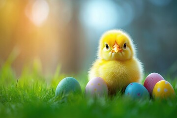 A fluffy yellow chick surrounded by pastel-colored Easter eggs on fresh green grass, symbolizing spring, renewal, and joy.