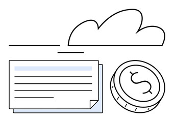 Stack of financial documents and a coin with a dollar sign under a cloud. Ideal for finance, banking, digital economy, cloud storage, accounting, budget management, investments. Line metaphor