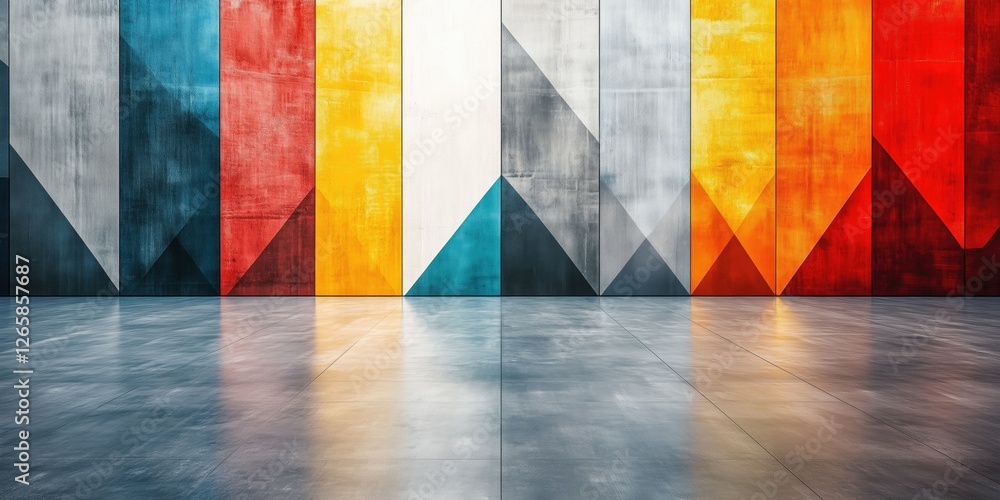 Poster a striking display of colorful geometric patterns on a wall, creating a lively atmosphere perfect fo