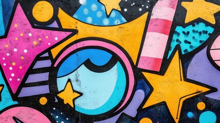 Fototapeta premium A colorful abstract mural featuring stars and circles, evoking joy and creativity, perfect for urban art lovers and festive celebrations.
