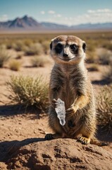 A meerkat stands on a rock holding a crystal in a desert landscape under a clear sky.