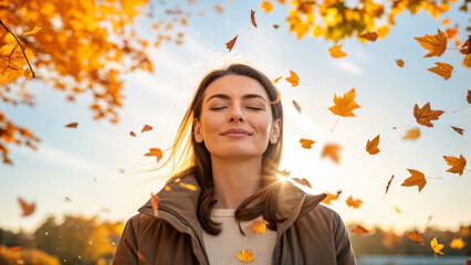 Gentle embrace of autumn leaves woman in nature lifestyle photography outdoor environment serene viewpoint