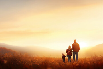 Fototapeta premium Family enjoying a sunset walk in a serene landscape with gentle hills