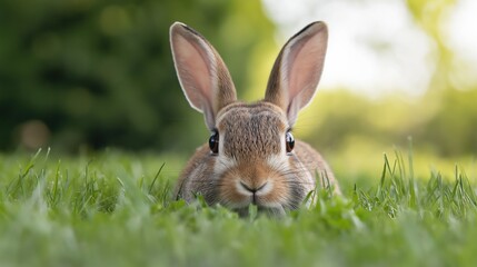 Fototapeta premium A rabbit is looking at the camera with its ears up. The rabbit is in a grassy field