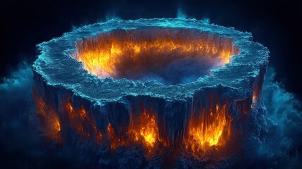 Fiery, glowing, circular, otherworldly chasm on a surreal, cloud-filled planet