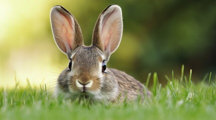 Obraz premium A rabbit is laying in the grass with its ears up. The rabbit is looking at the camera