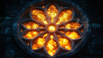 Fiery Gothic Stained Glass Window in Stone Wall