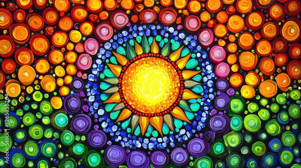 Poster indigenous-style dot-painting with colorful circular patterns forming a spiritual representation of 