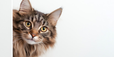 Obraz premium A cat with a long, fluffy tail and a yellowish-green eye is looking at the camera