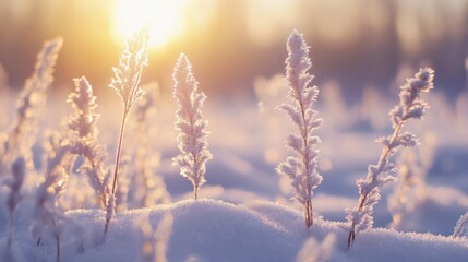 Golden hour illuminates frosted plants in a serene winter wonderland scene