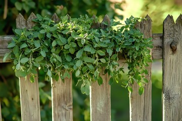 Fresh herbs hanging from a wooden fence