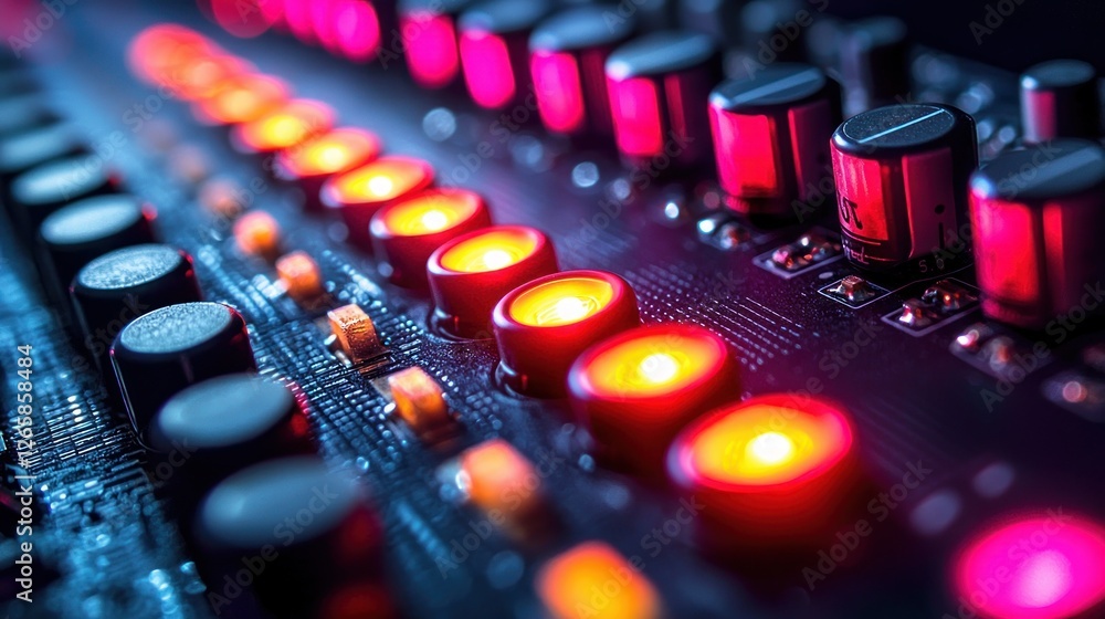 Poster electronic circuitry and components with glowing lights for tech background