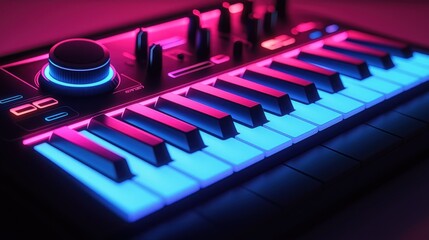 Electronic keyboard with blue and pink neon lights for music production, synth recording