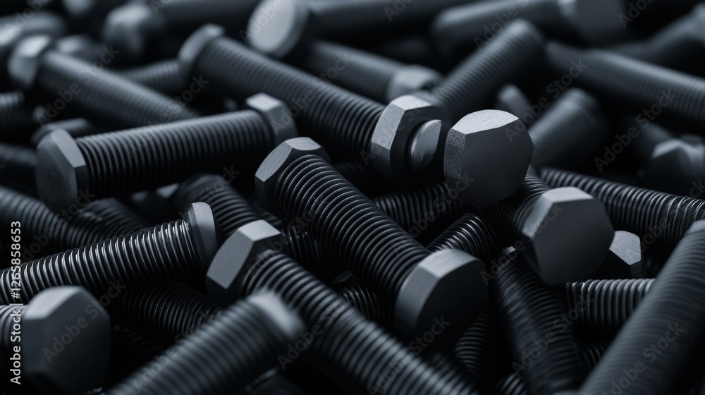 Aufkleber black hex bolts and nuts stacked randomly on dark background with focus on threads and texture detai
