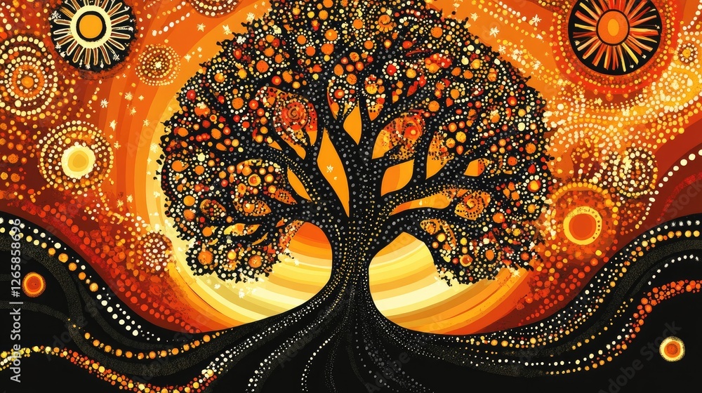 Poster intricate aboriginal-style artwork depicting a tree of life surrounded by celestial patterns, vibran