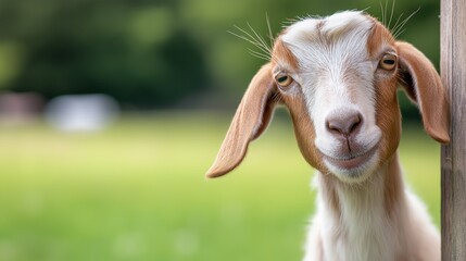 Obraz premium A goat is standing in front of a wooden fence. The goat has a white face and brown ears