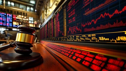 Financial Regulation Gavel And Stock Market Data Board. Investment, Market, And Trading Rules.