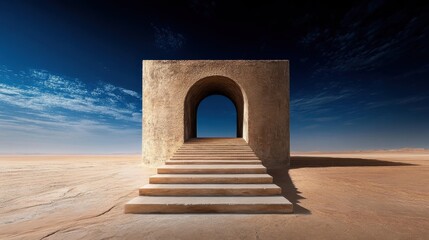 A monumental stone structure stands in a vast desert landscape, with steps leading to an arched doorway, inviting exploration and mystery within this surreal setting.