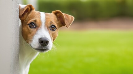 A dog is looking out of a window. The dog is brown and white. The grass is green