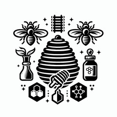 Naklejka premium illustration, vector, image, art, art image, wallpaper, hive, bee, bee hive, logo bee, logo, icon, black and white