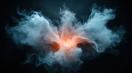 An ethereal formation of white smoke surrounds a vibrant orange glow at its center, creating an abstract and captivating effect on a dark backdrop.
