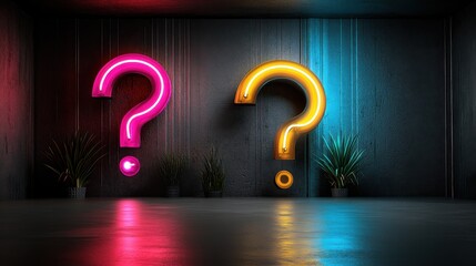 Two neon question marks, pink and yellow, illuminate a dark room, presenting a contrast between light and shadow, symbolizing curiosity and inquiry.