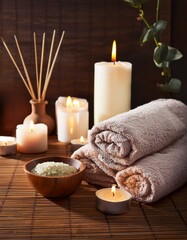 Ambiente de Spa con Toallas, Velas y Aceites Esenciales &ndash; Relajaci&oacute;n y Bienestar