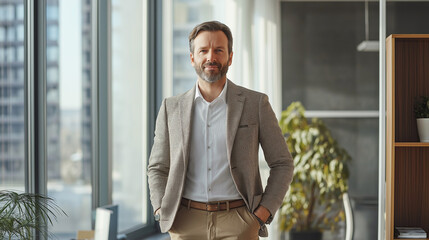 Fototapeta premium Professional consultant in a neutral-toned outfit, standing in a well-lit high-rise office