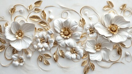 Intricate white and gold botanical arrangement with sculpted flowers, metallic leaves, and delicate swirling patterns in high detail.