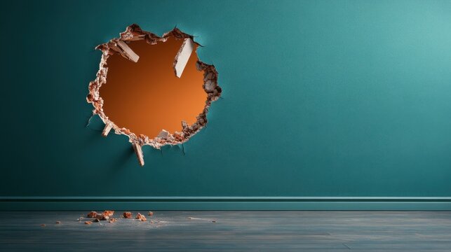 An interior wall shows a large, jagged hole revealing a bright orange background. Debris litter the floor, creating a striking visual contrast in the room.