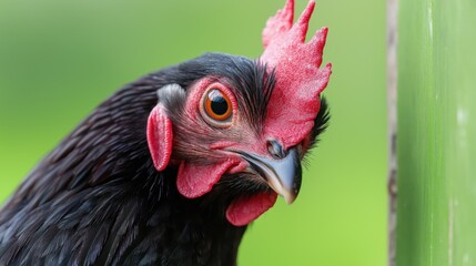 A chicken with a red comb and black feathers. The chicken is looking at the camera. The image has a calm and peaceful mood