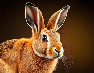 Brown rabbit with soft fur and attentive eyes in a warm, blurred background