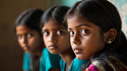 Obraz premium Schoolgirls attentively studying in a classroom, embodying focus and dedication to learning.