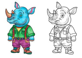 Coloring Page For Kids, Coloring, Animals Of Africa, Cute Cartoon Rhino