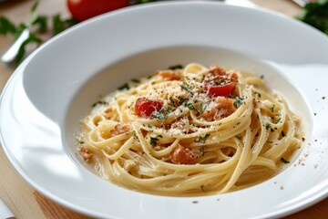 Creamy pasta dish with tomatoes.