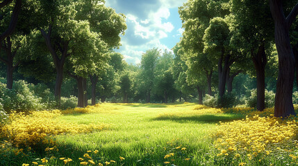 Obraz premium Bujna zielona łąka z żółtymi kwiatami otoczona drzewami w słoneczny dzień w lesie