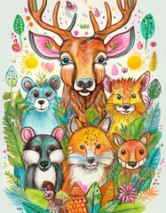 Fototapeta premium Colorido dibujo de dibujos animados con animales del bosque lindos y caras soleadas en un fondo ligero